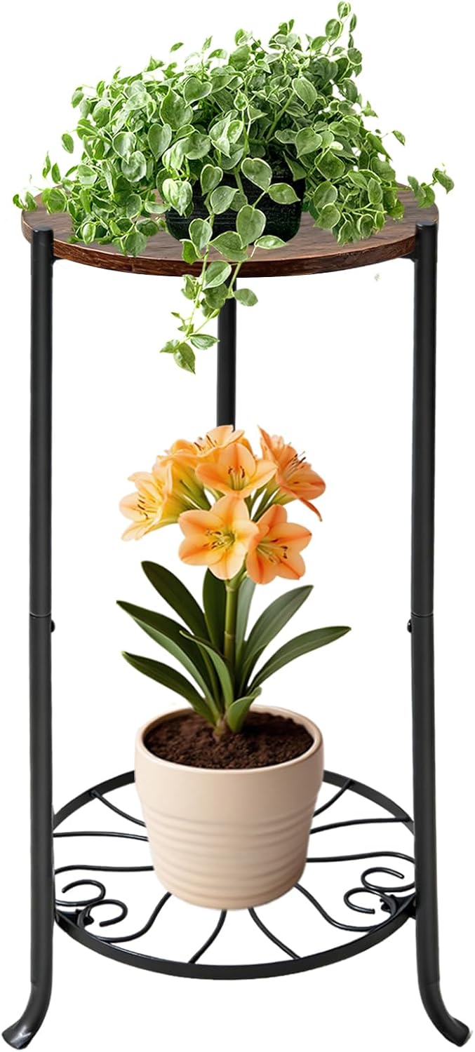 Plant Stand Indoor, 2 Tier Wood Round Potted Holder Rack, 27 " Tall Flower Pot Stand Shelf, Round Supports Plant Stand for Large Plants, Corner Plant Shelf for Balcony Garden Patio Living Room, Brown