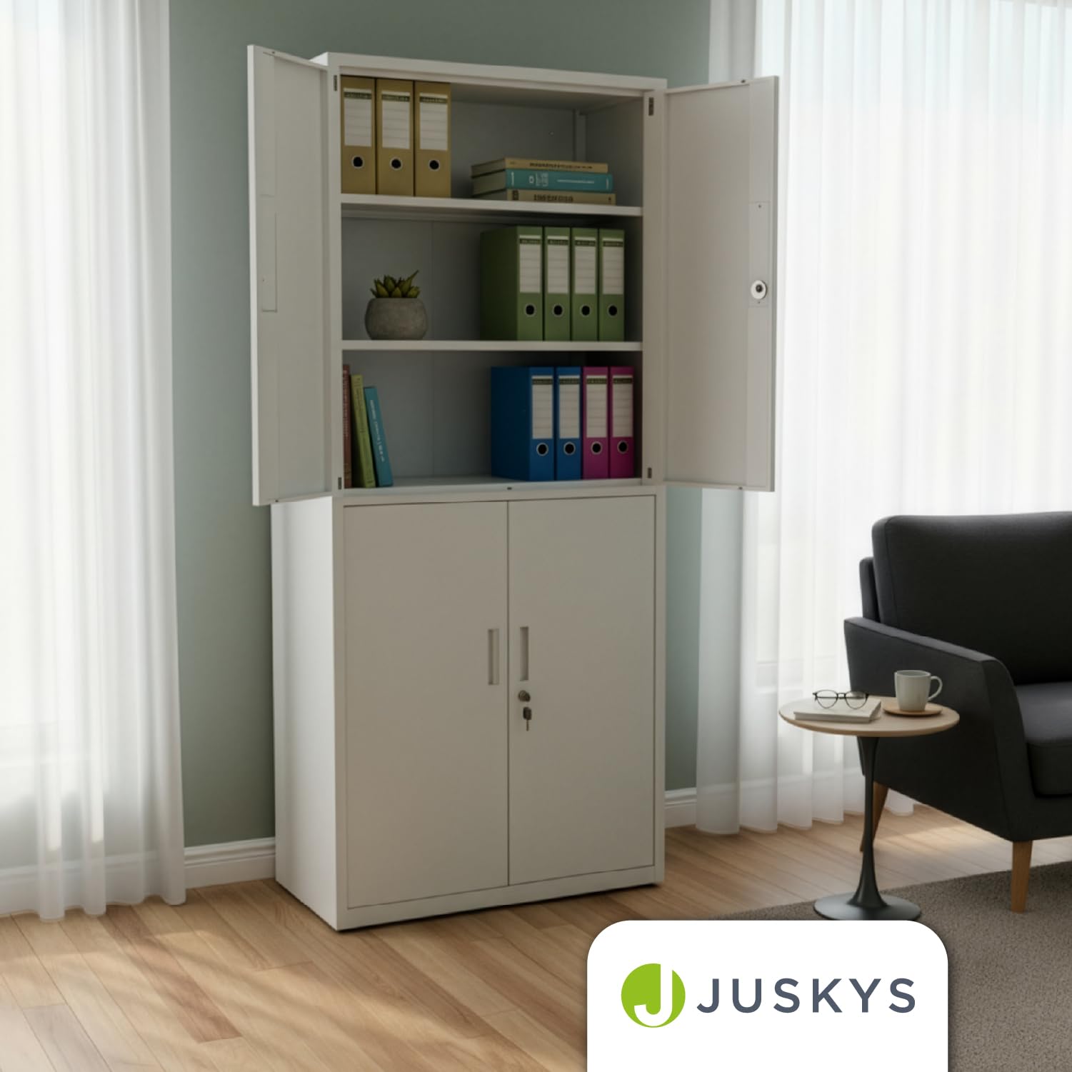Juskys Aktenschrank aus Metall – 180x80x40 cm abschließbarer Büroschrank aus Stahl mit 3 verstellbaren Einlegeböden, höhenverstellbare Füße - Weiß
