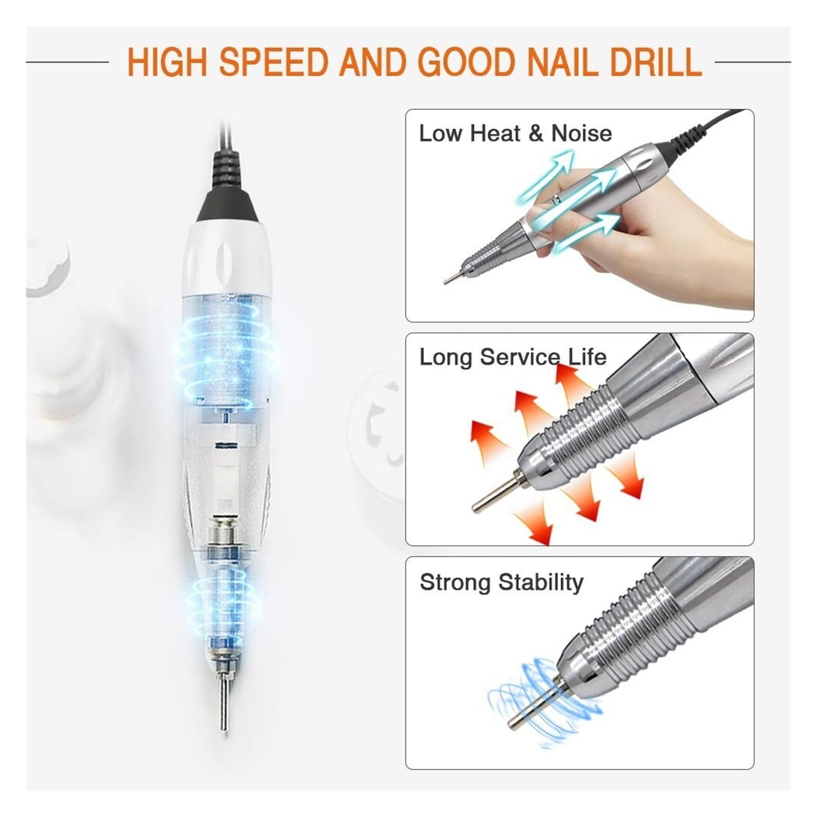 Torno de Uñas Eléctrico, Taladro de uñas eléctrico inalámbrico portátil de 35000RPM, removedor de gel acrílico, kit de brocas for lima de uñas, equipo de pulido de uñas(Bianco)