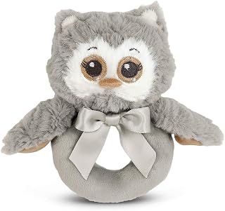 Bearington Baby Lil' Owlie Plush Stuffed Animal Gray Owl Soft Ring Rattle, 5.5"