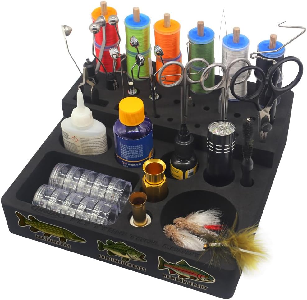 Fly Tying Tool Caddy Organizer-Essential for Fly Tying Stations & Fishing Tool Organizer, Holds 20 Thread Spools with 10 Accessory Boxes