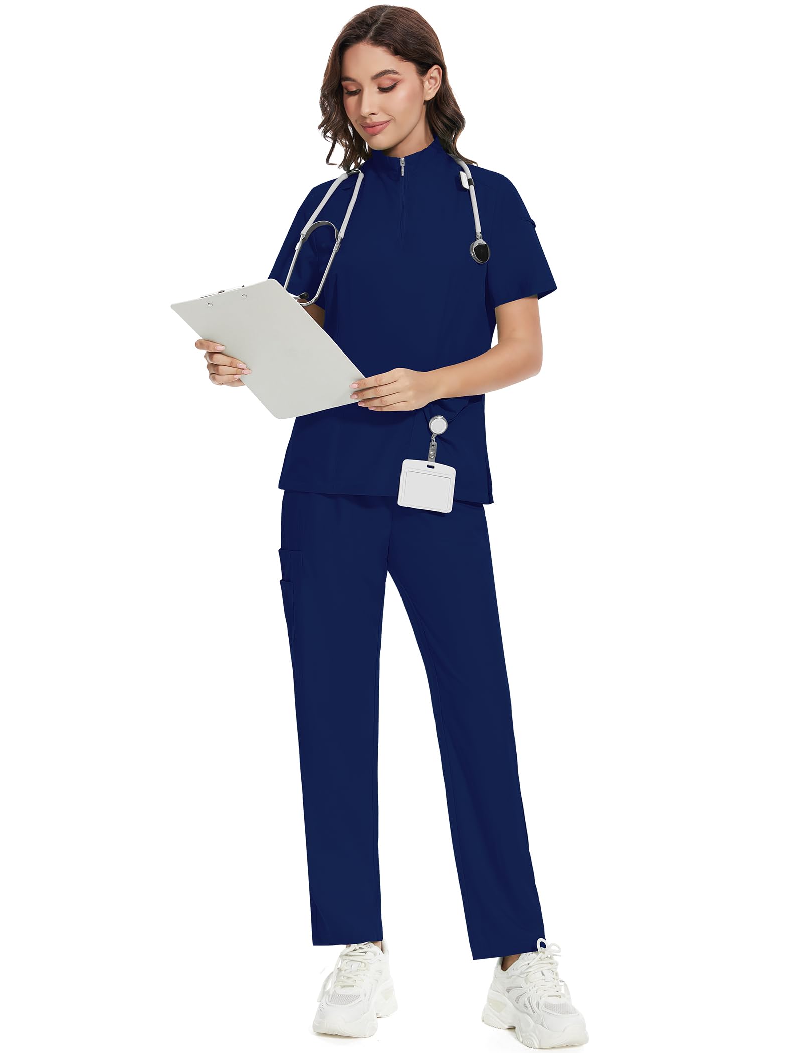 niaahinn Scrub for Women Collar Neck Scrub Top & Yogga Waistband Cargo Pants, 4-Way Stretch?10 Pocket (Navy,S)