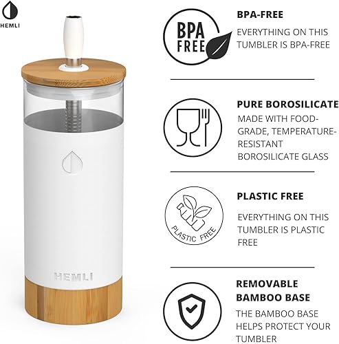 Miniatura 4 de Hemli Vaso de vidrio de 22 onzas con popote y tapa de bambú, taza Boba reutilizable, taza de té de burbujas, vaso de café helado con funda de