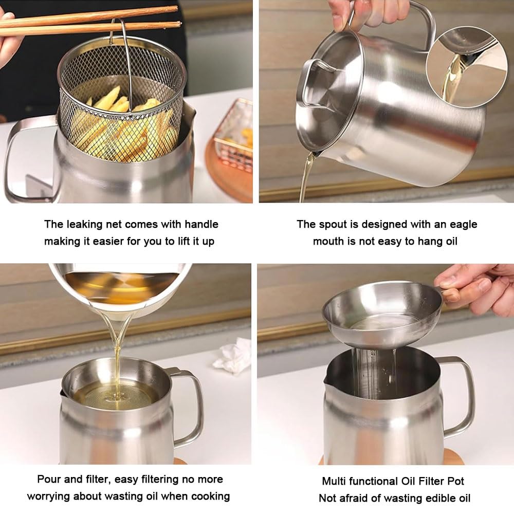 Récipient filtre à huile en acier inoxydable 304 – Pot de cuisine de grande capacité pour un usage domestique, mini friteuse à huile polyvalent et tasse filtrante, facile à nettoyer et à utiliser