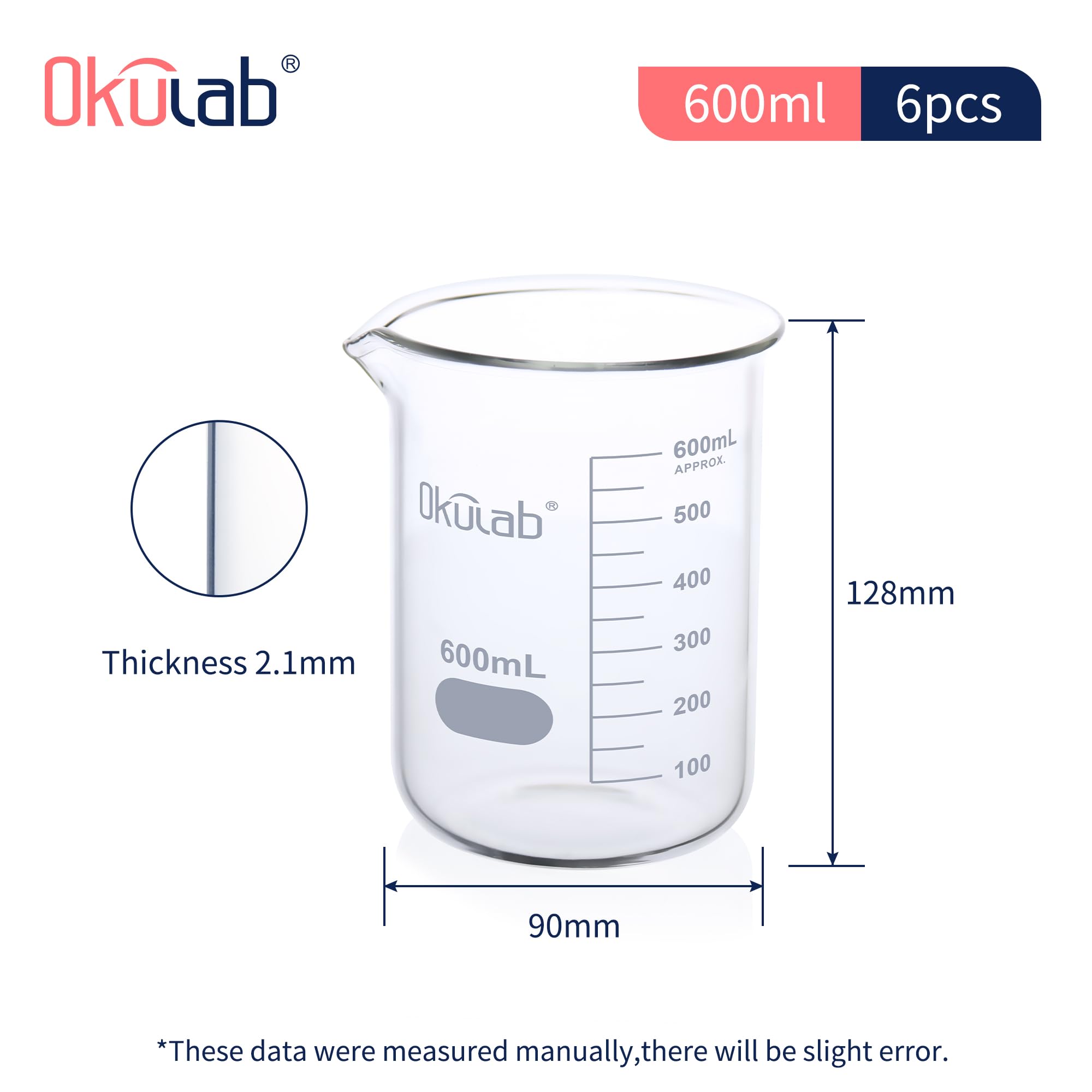 6 Stück 600 ml Glasbecher, niedrige Form, abgestufte 3,3 Borosilikatglasbecher für Labor, Klassenzimmer, Handwerk, Küche, BKLG600A6