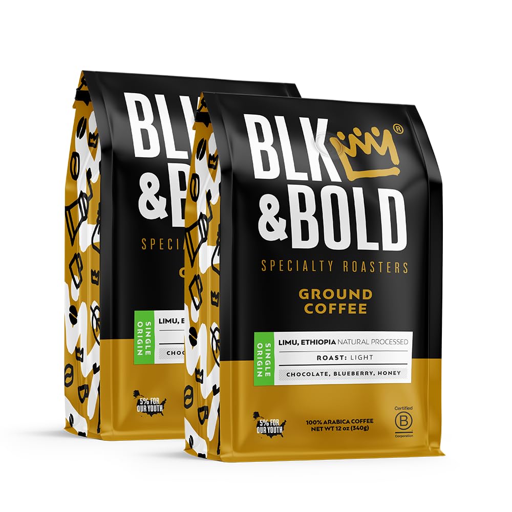 BLK & Bold Ground Coffee, Limu Ethiopia Single Origin Premium Light Roast, Natural Processed, 100% Arabica Beans, 12 oz Bag (2 Pack)