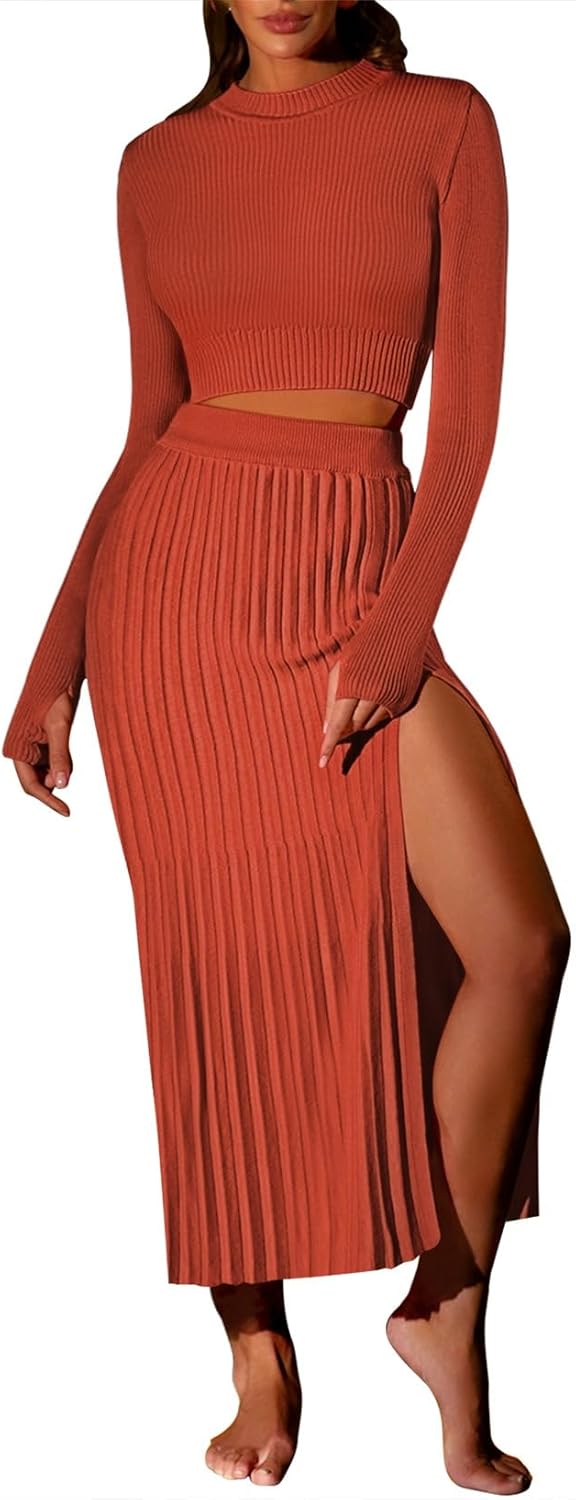 Pink Queen Women's 2 Piece Sweater Outfits Set Long Sleeve Crop Top Ribbed Split Bodycon Midi Long Skirt Knit Dresses