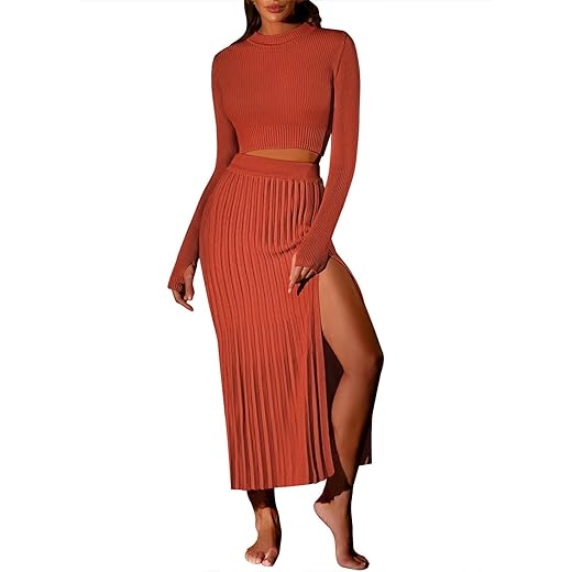 Pink Queen Women Skirt and Top Set 2 Piece Knit Outfits Sweater Vacation Holiday Cocktail Slit Midi Long Dress Apricot S