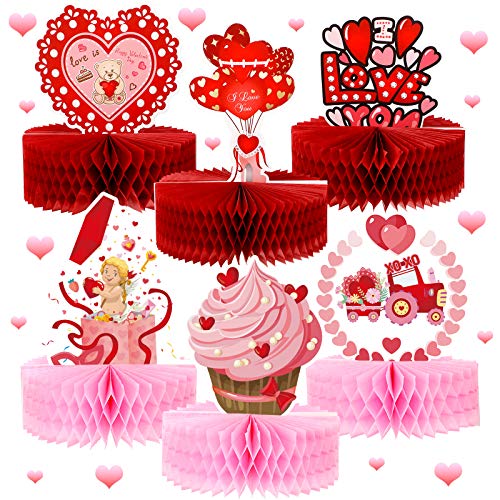 6 Pieces Valentine's Day Honeycomb Centerpieces for Valentines Wedding Party 3D Table Decor Heart Cakes Balls Paper Table Centerpiece Signs Valentines Supplies Decorations