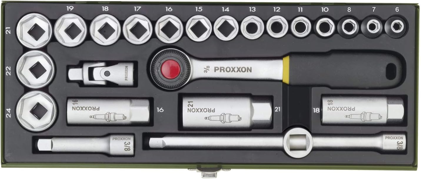 PROXXON 23110 Socket Set, 0 V, Multi-Colour, 3/8-Inch, Set of 24 Piece