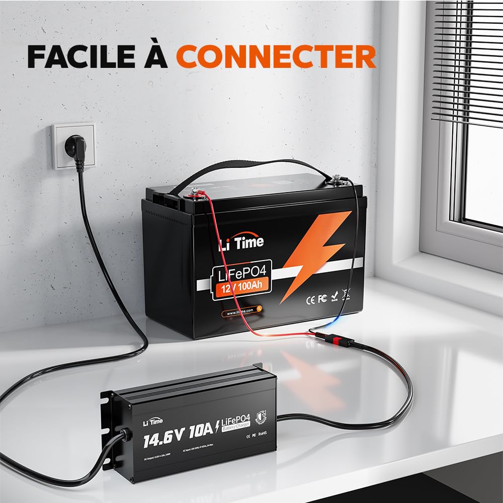 LiTime 14.6V 10A Chargeur LiFePO4 étanche IP67, Chargeur AC-DC au Lithium LiFePO4 avec Fonction de Charge Intelligente à 0V, indicateur LED