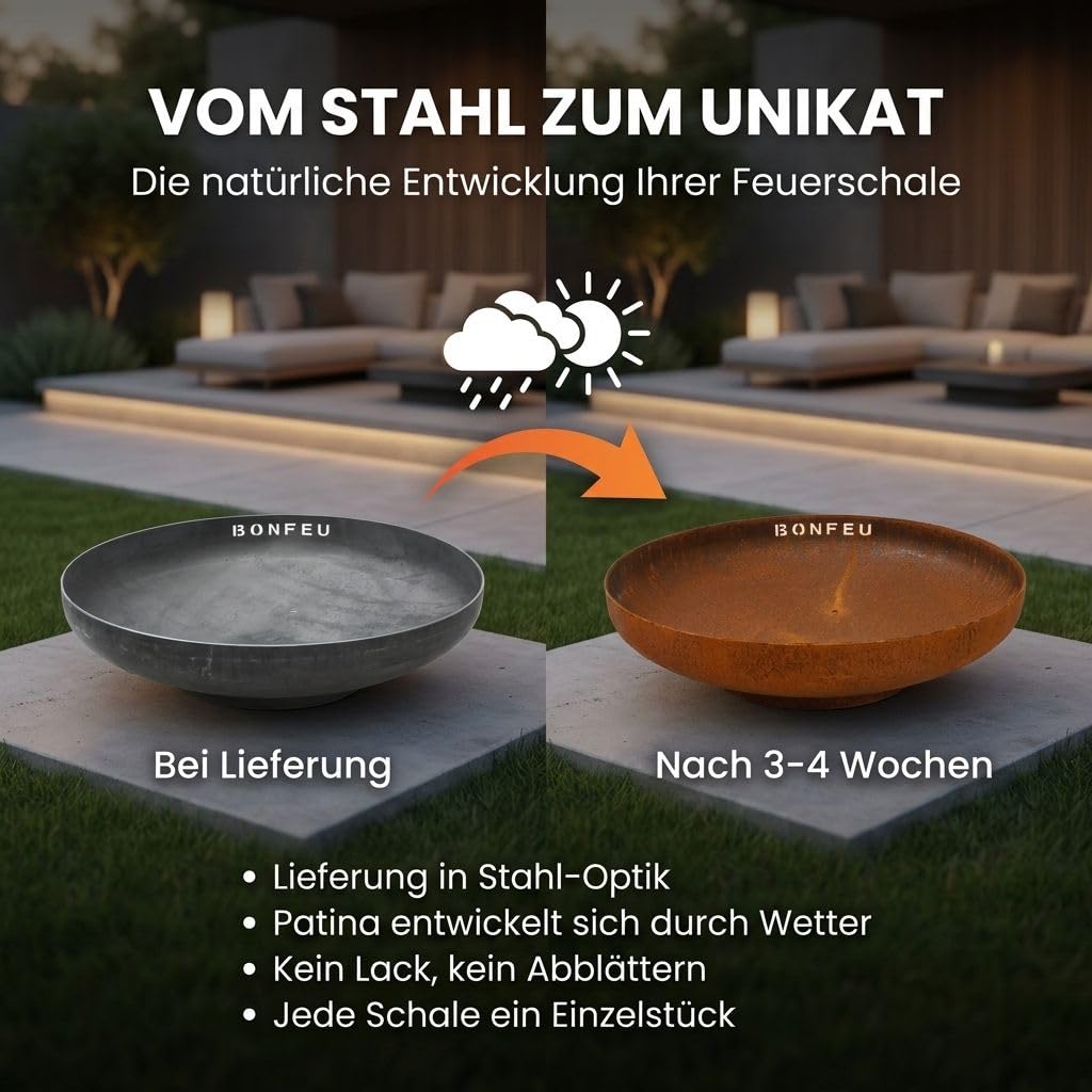 BonFeu BonBowl Feuerschale 80 cm - Feuerschalen für den Garten - Feuerstelle Outdoor - Feuerschale mit Opt. Grillrost aus hochwertigem Cortenstahl - Feuerkorb für den Garten - 80x80x21 cm