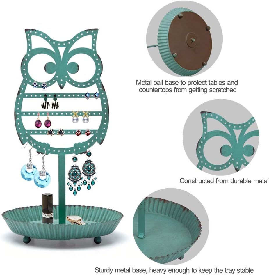 NIKKY HOME Earring Holder Stand Hanging Organizer Metal Jewelry Tree Cute Owl Ear Stud Holder Table Top Tower Rack with Ring Tray for Women Girls (134 Holes), Teal