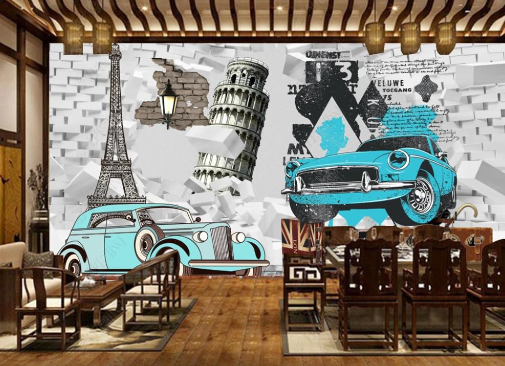 Papier peint intissé voiture sur mur de briques 350x256 cm pour salon
