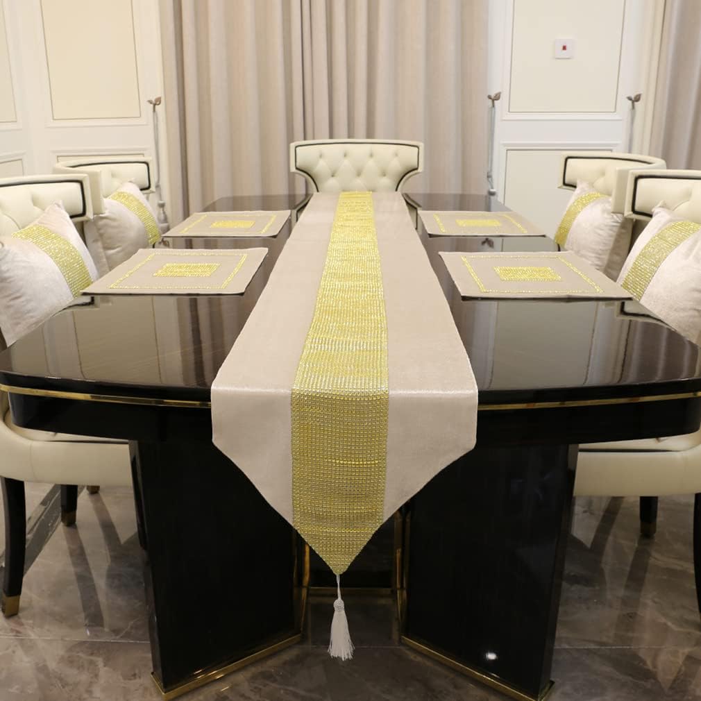 Cream White Table Runners 98 Inches Christmas Gold Runner with Tassels Decoration for Dinner Table, 13x98-Inches