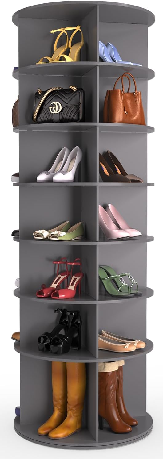 Nidouillet 7 Tier Rotating Shoe Rack Tower 67" H with 8 Pcs Shoe Display Stands, Free Standing 360° Revolving Shoe Organizer, Spinning Shoe Display Lazy Susan, Shoe Rack Storage Round Carousel - Gray