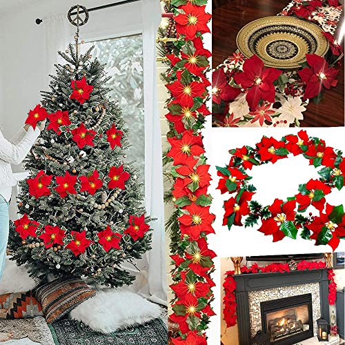 Plobach 2Pcs Poinsettia Artificial Christmas Flowers Velvet 7 Head Fake Poinsettia Bush Flowers Silk Floral Ornament And 1Pcs Artificial Flowers Christmas Garlands For X’mas Tree Wreath Decor #TOP4