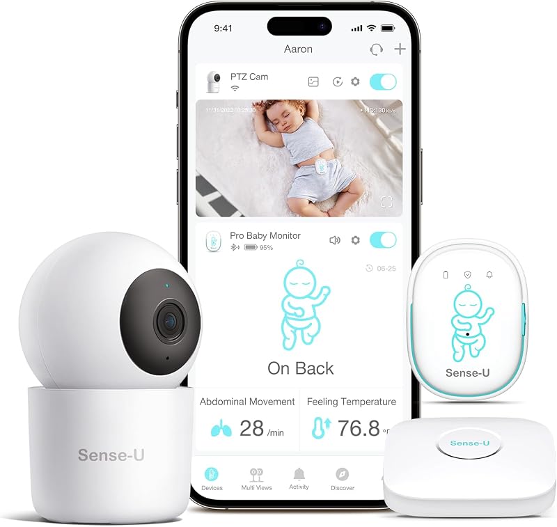 Monitor de movimiento profesional para bebés con cámara PTZ de 2,5 K: seguimiento del movimiento con vibración suave, posición para dormir, notificaciones de temperatura, vídeo de 2,5 K, audio de fondo, sin tarifa mensual