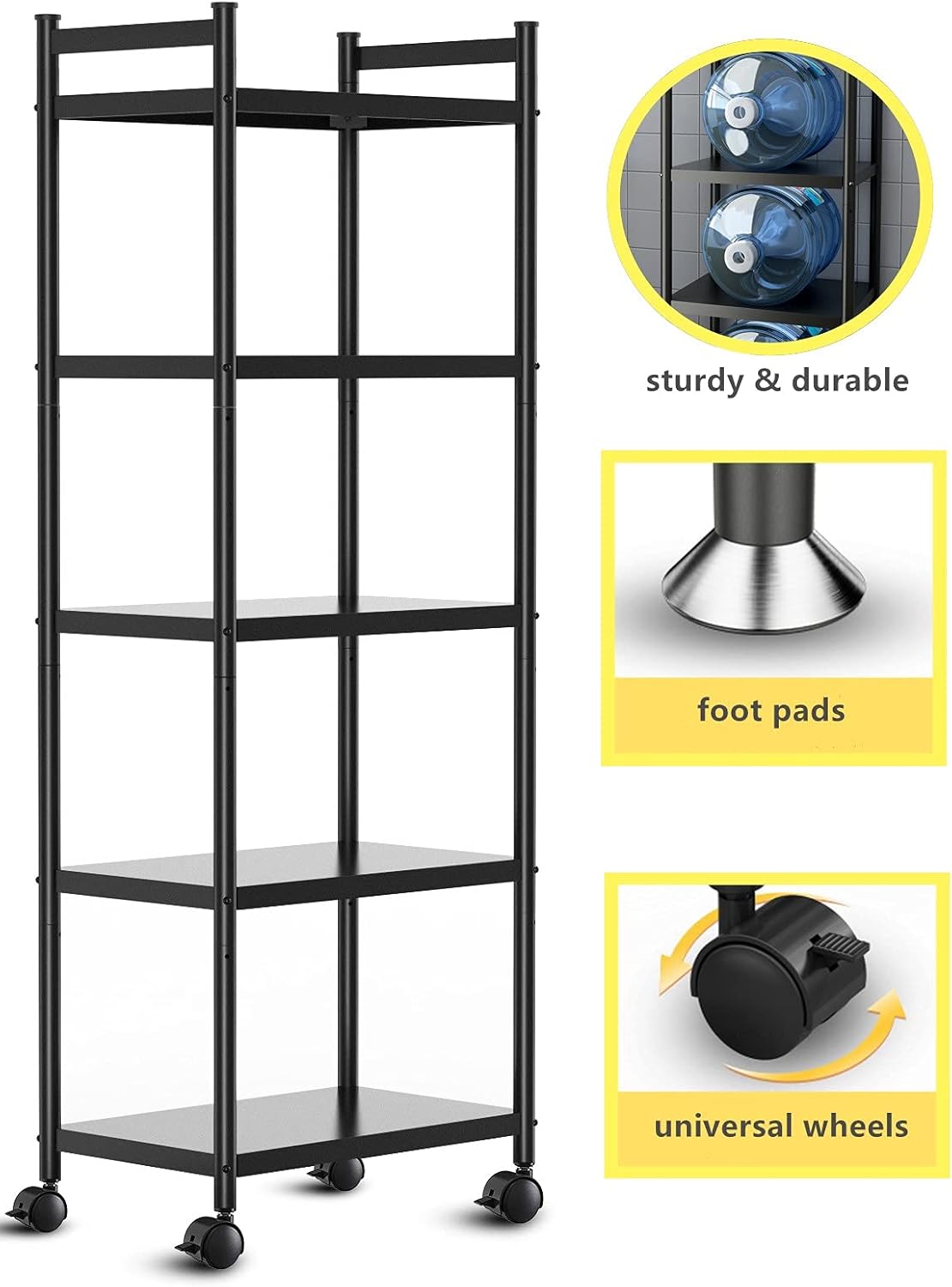 Kitchen Baker's Rack, iBune 5-Tier Metal Steel Heavy Duty Bakers Rack for Kitchen with Rolling Wheels , Adjustable 500LBS Standing Organizer Rack for Microwave Oven and Pots (23.6 L x 14.6 W x 53.1 H) - Standing Baker's Racks