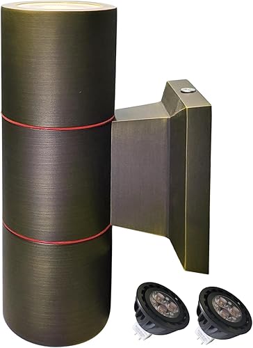 COLOER Aplique de pared de latón para exteriores (bronce 6.875 pulgadas de alto x 4.25 pulgadas de ancho) con bombilla LED MR16 de 5 W, 2 luces de