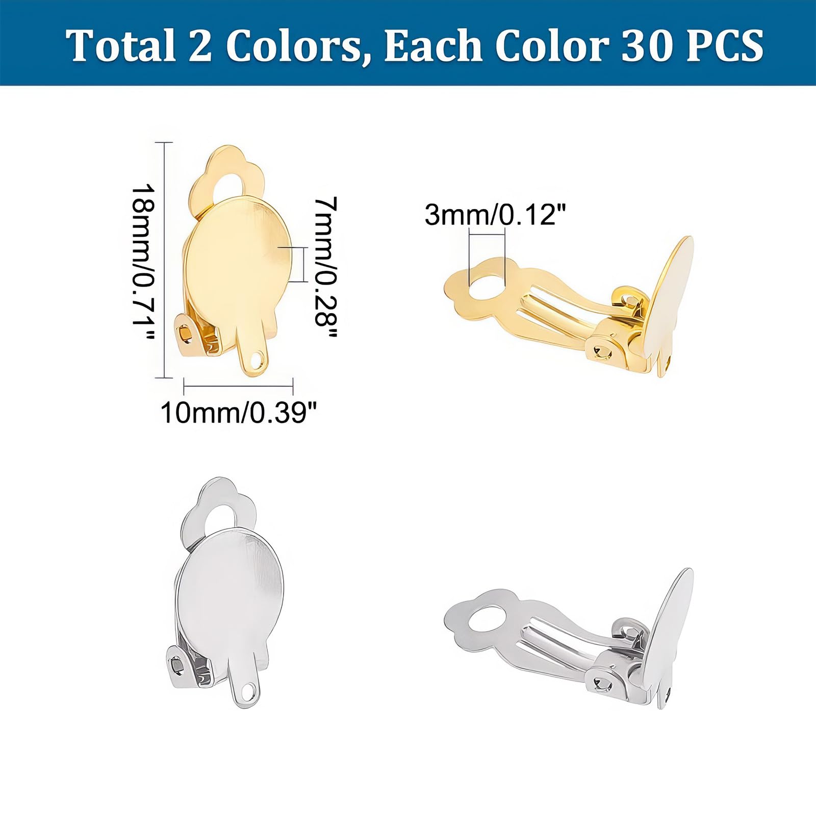 Set di 60 orecchini a clip in acciaio inox dorati non forati 2 colori vassoio rotondo