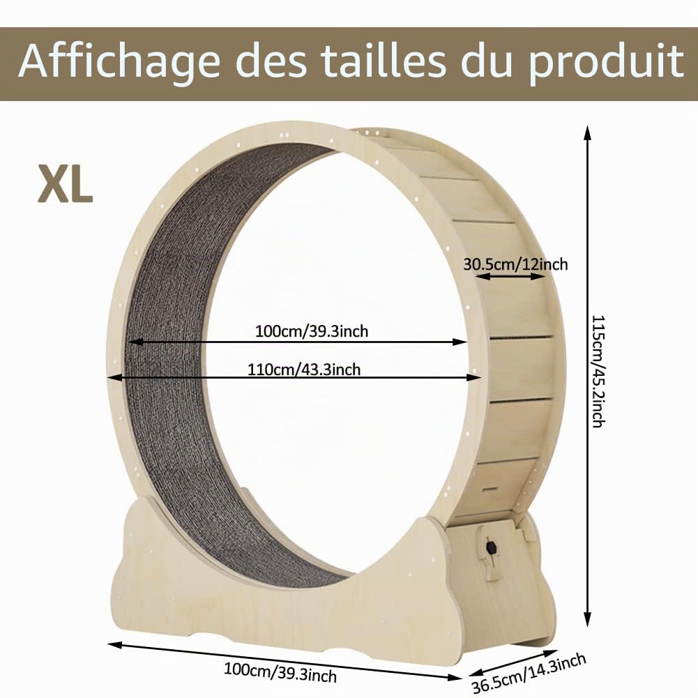 Keyzone Roue d'exercice pour chat d'intérieur, grand tapis roulant pour chat de 110 cm avec piste moquette pour une plus longue durée de vie du chaton, perte de poids, couleur bois naturel (taille XL)