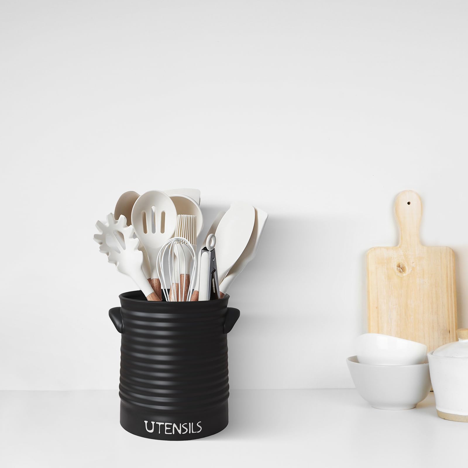 Kitchen Utensil Holder for Countertop, 6.2" Large Ceramic Utensil Crock with Cork Mat, Handles, Modern Cooking Tool Spatula Organizer for Kitchen Counter Decor, Matte Black