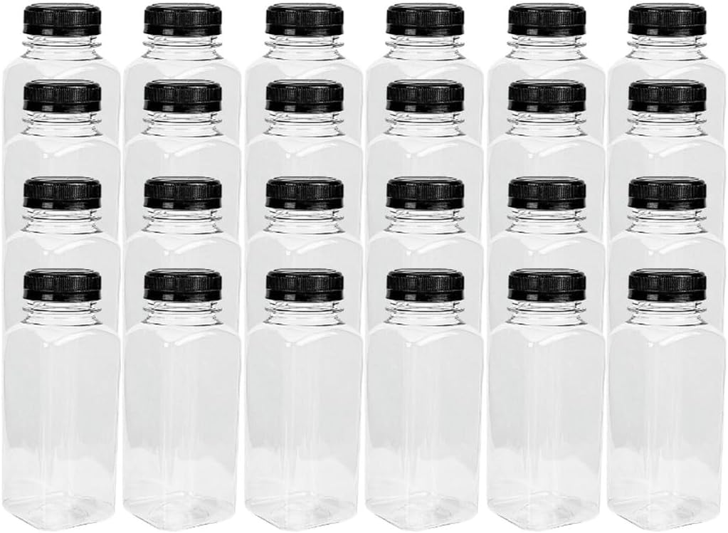 LAVISH 24Pcs Empty Plastic Reusable Square Shape Transparent 100ml/4Oz Bottles With Black Caps For Juice, Milk, Water and Many More, Size 9 x 4 cm