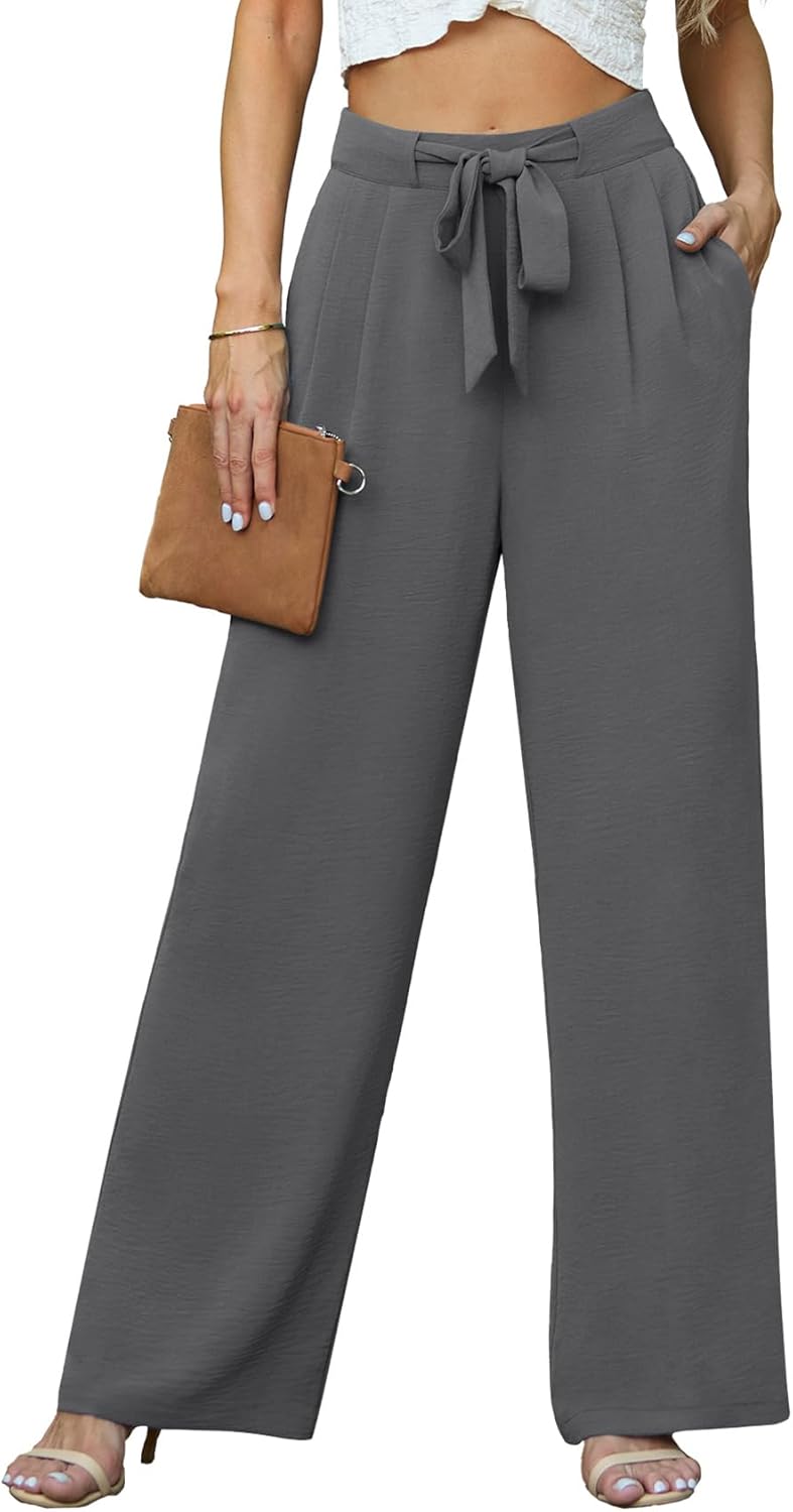 High Waisted Flowy Pants Womens Wide Leg Pants Work Palazzo Pants Tie Knot Lounge Trousers Pants with Pockets A - Grey
