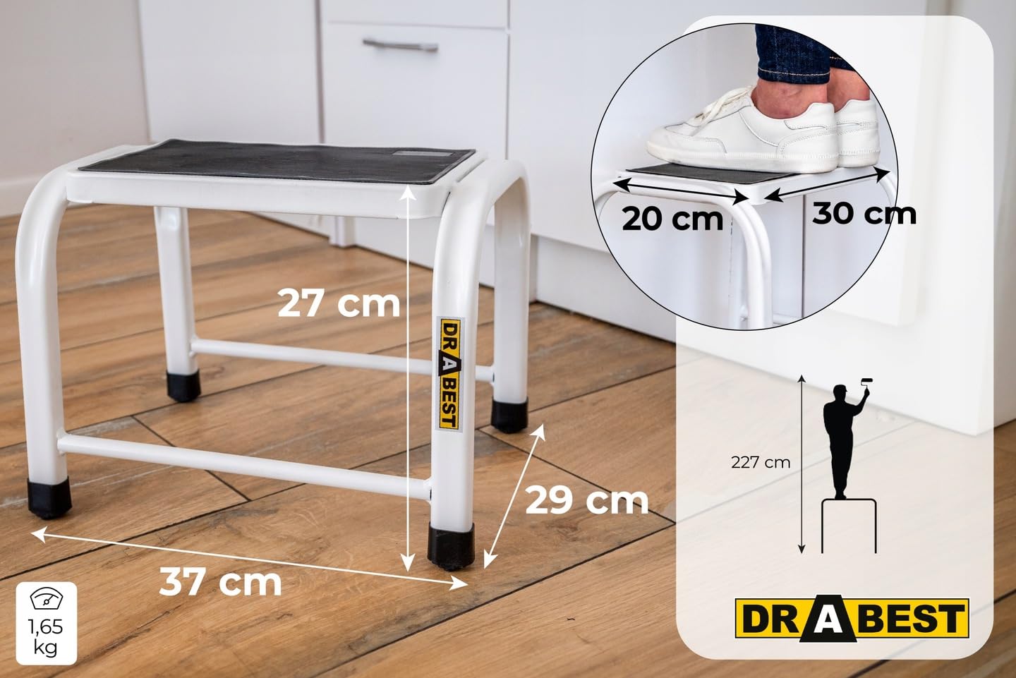 Drabest Petit escabeau en Acier Robuste – Tabouret échelle – Mini escabeau Portable pour Bureau, Atelier et Cuisine – Stable et sûr – Capacité 150 kg –29x37x27cm