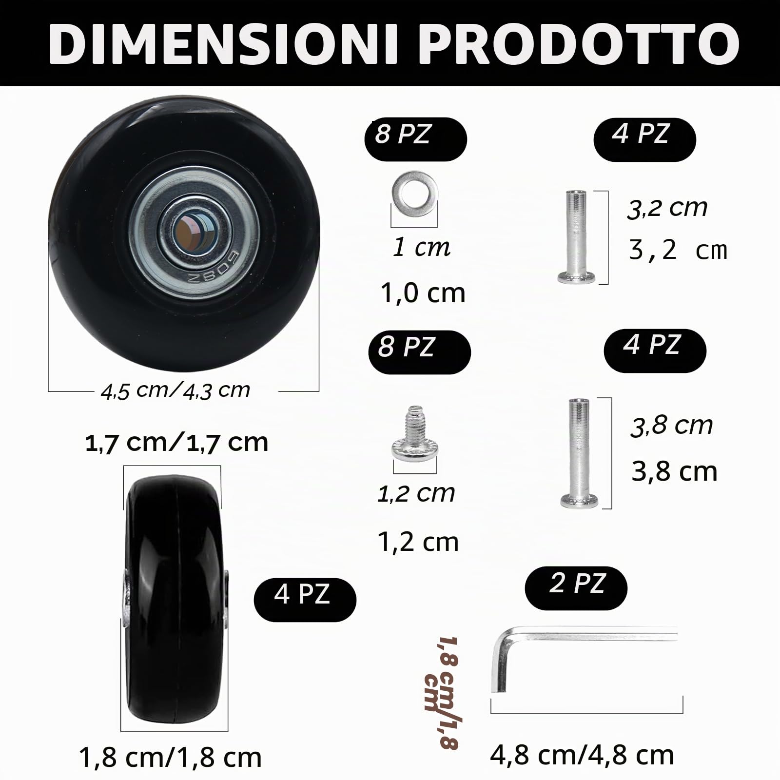 4 Pezzi Ruote Trolley Ricambio, 45x18mm Ruote Universali per Valigia, Rotelle Pivotanti Trolley Ricambio per Carrello per Bagagli, Kit di Riparazione per Valigia con Cuscinetti