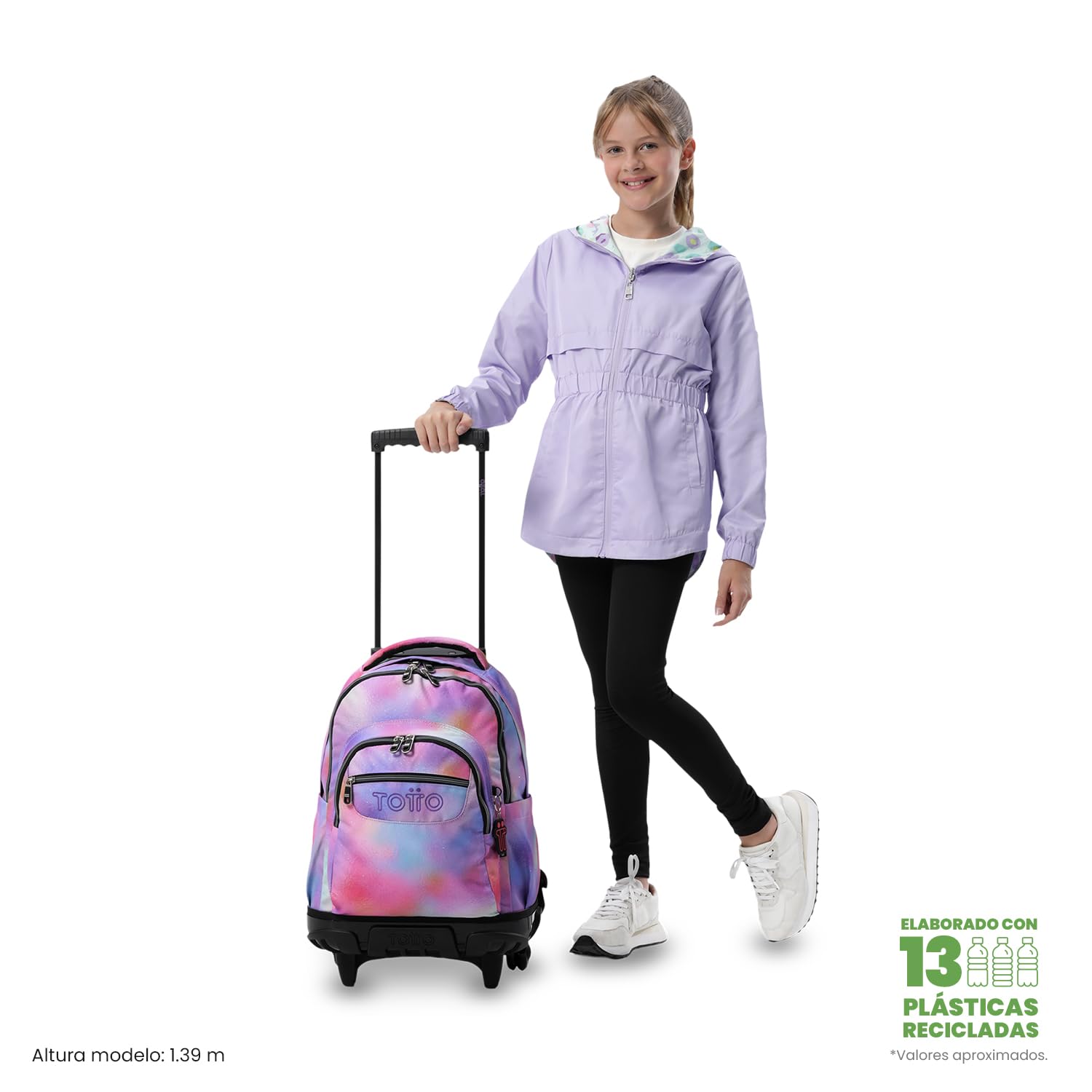 TOTTO - Mochila Escolar con Ruedas, Modelo Renglones Glitter, Capacidad 26,21 Litros, Bolsillo para PC 15,4", Bolsillo Botella, Correas en S para Mayor Comodidad, Resistente, Estampado Bloom