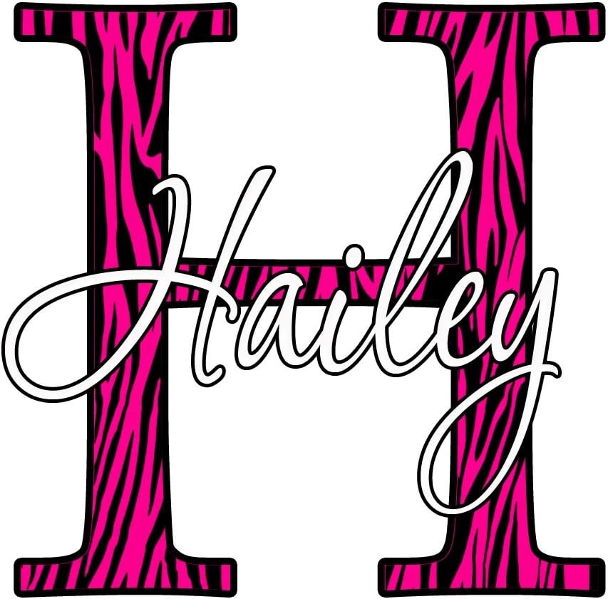 Zebra Print Name Decal Monogram Letter and Personalized Name Decal VWAQ-CM3 (14" Top to Bottom, Hot Pink)