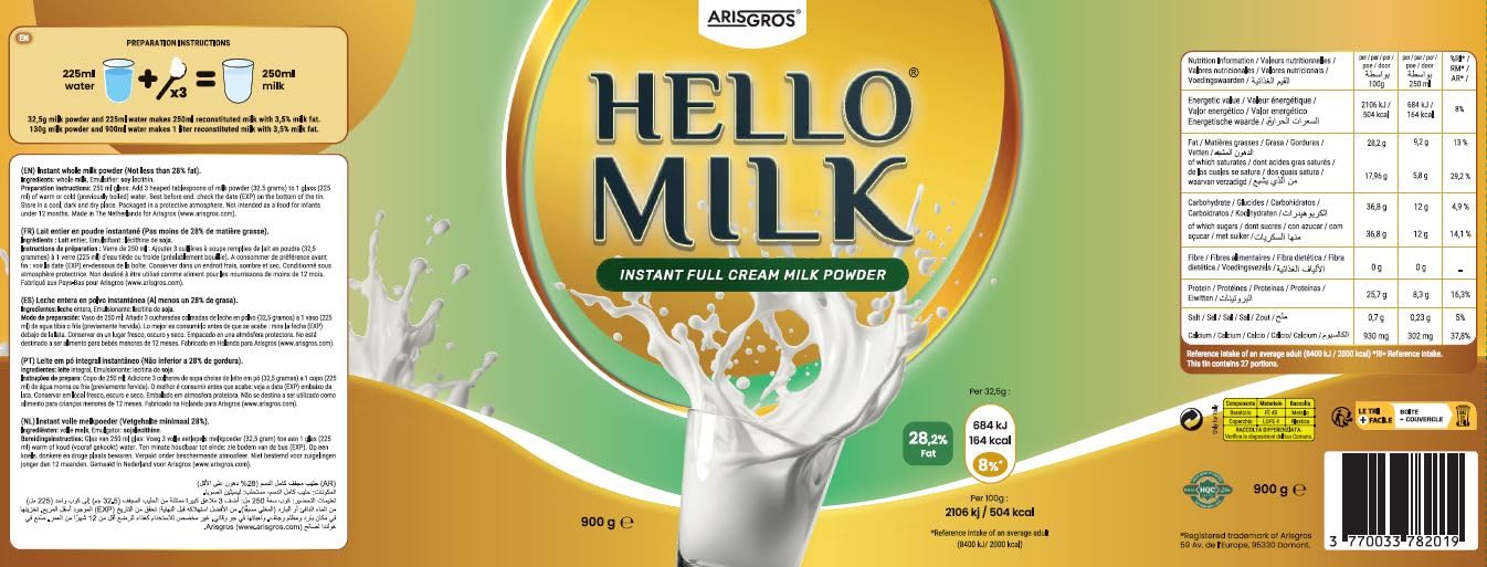 HELLO MILK 900g (Arisgros) - Leche en polvo entera instantánea (Instant Full Cream Milk Powder) min. 28% de grasa
