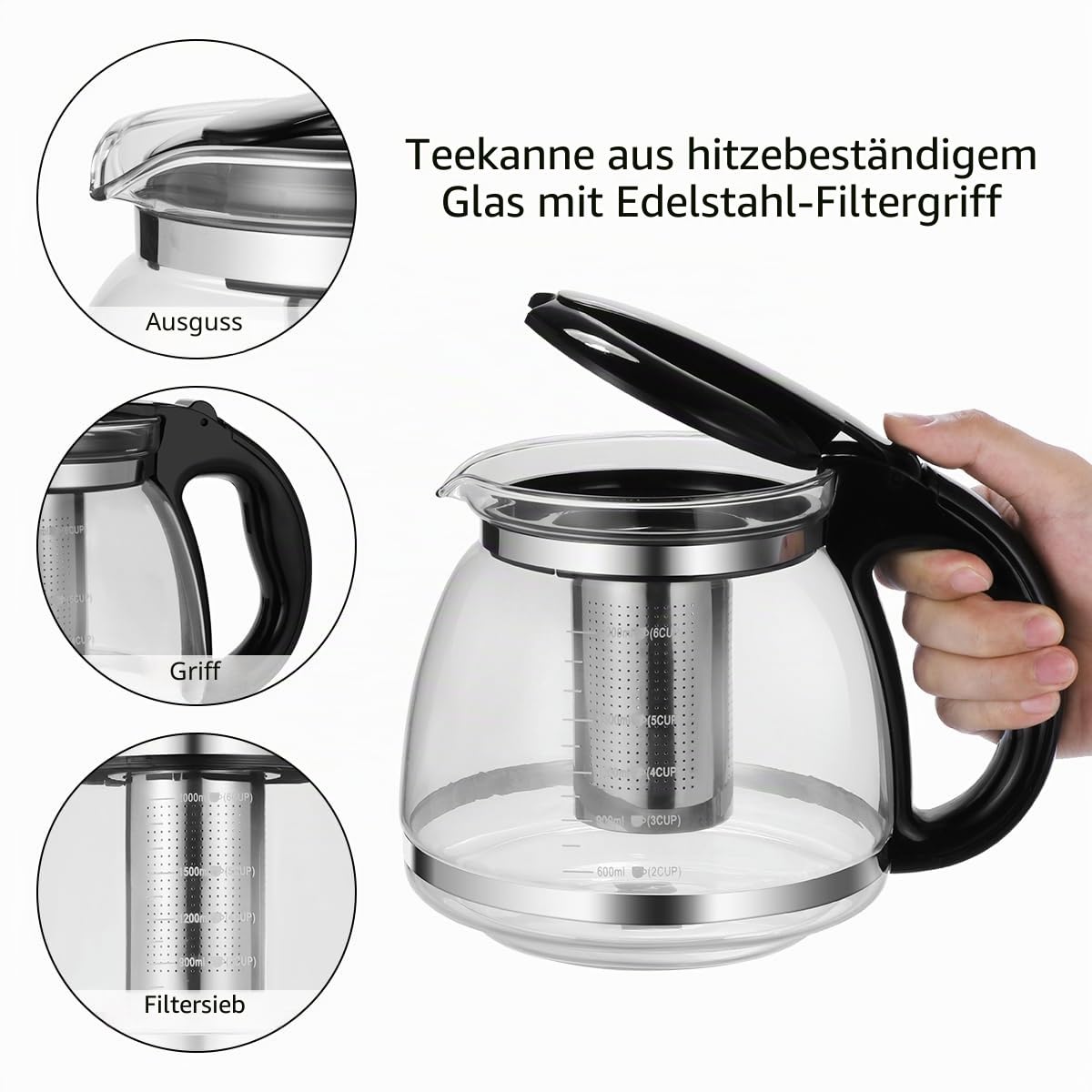 OUNONA - 2000ML Glas Teekanne mit Siebeinsatz, Borosilikat Glas Teebereiter mit Abnehmbarem Teesieb, Geeignet fr Teewarmer