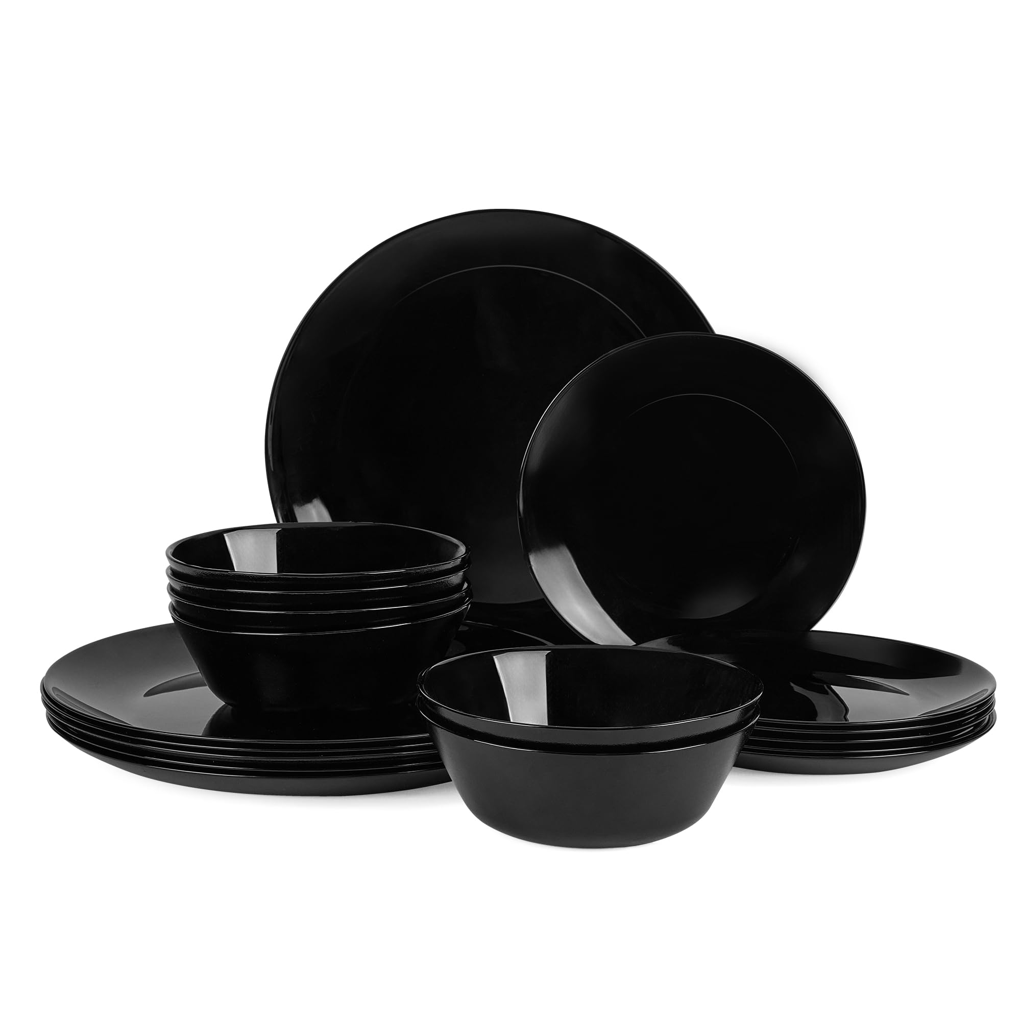 LaGlint Juego de Vajilla 18 Piezas Negro, Vidrio Opalino Vajilla para 6 Personas con 6 Platos Llanos, 6 Platos de Postre y 6 Cuencos de Cereales, Aptos para Lavavajillas y Microondas