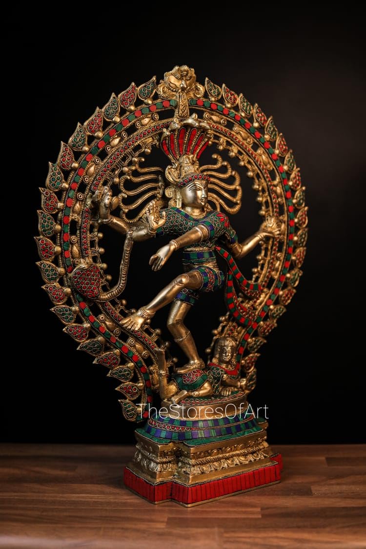 Statua Nataraja in ottone grande con mosaico in pietra, 56 cm grande dimensione ottone danzante Shiva Natraj statua, Shiva danzante | Ideale per la decorazione della casa | Lord Shiva in danza cosmica