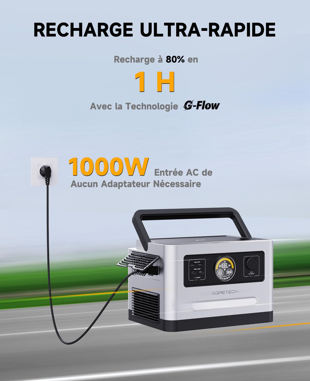 Générateur Électrique Portable Sonic 1200W 999Wh, Charge Rapide en 60 minutes de 0% à 80%, Générateur Solaire 1200W avec 2x100W PD, 8 Ports de Sortie pour Maison, Vans, Urgence (2400W Max)