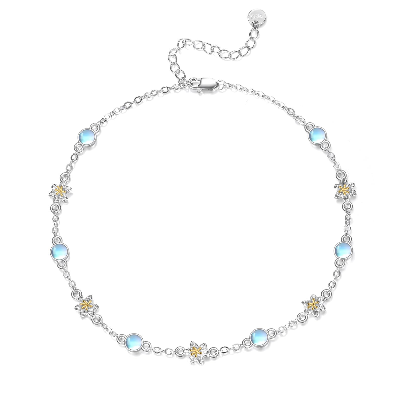 YFN 925 Sterling Silber Armband mit Gänseblümchen Blüten und Mondstein Zierliches Naturstein Schmuck Armband für Frauen Mädchen