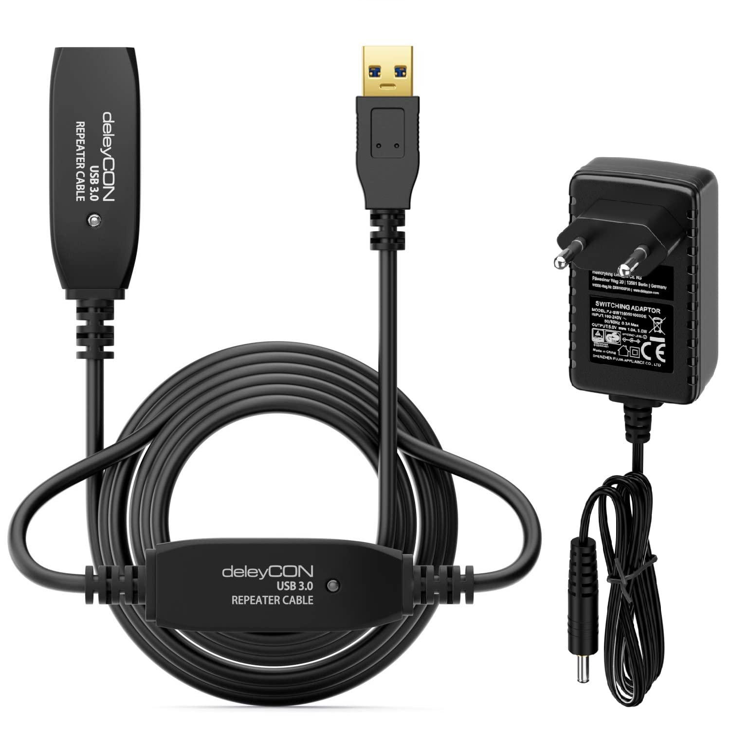 deleyCON 10m Kabel Aktywne Gniazdo USB 3.0 Aktywny Kabel Przedłużający z 2 Wzmacniaczem Sygnału i Zasilaczem USB 3.0 Repeater Kabel Przedłużający PC Komputer Drukarka Skaner | Aktywne przedłużenie, kabel repeatera USB 3.0, przedłużacz do komputera, drukar