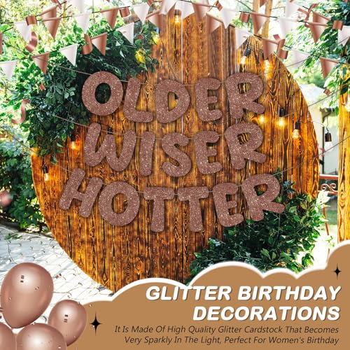Image of Fulmoon Set of 3 Pre Strung Older Wiser Hotter Glitter Banner Funny Birthday Banner for Women 30th 40th 50th 60th 70th 80th Birthday Party Decorations Sign Gift (Brown)