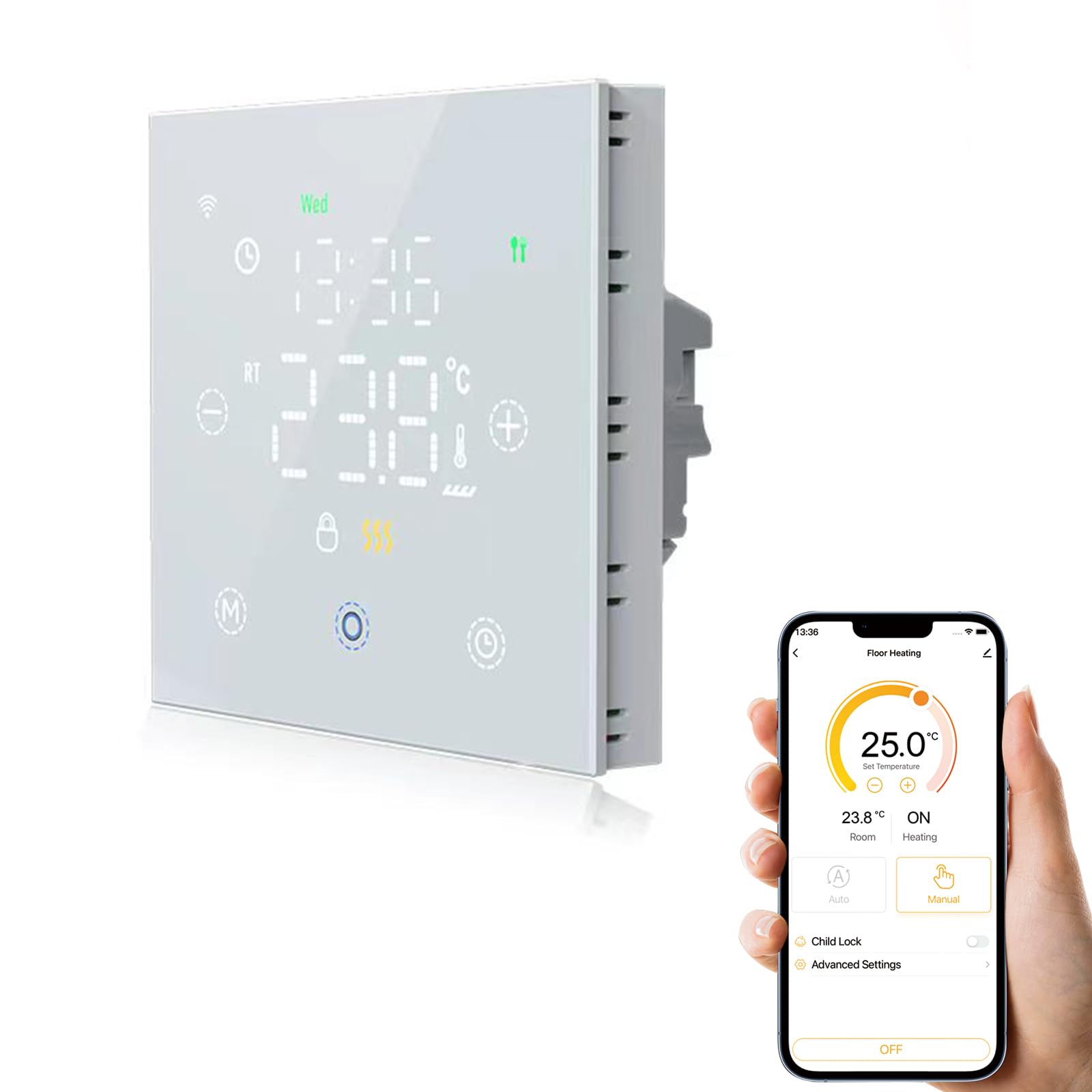 Smart WiFi Termostato Regolatore di temperatura per riscaldamento a pavimento Elettrico Funziona con Alexa Google Home, con una lente a bordo curvo 2.5D