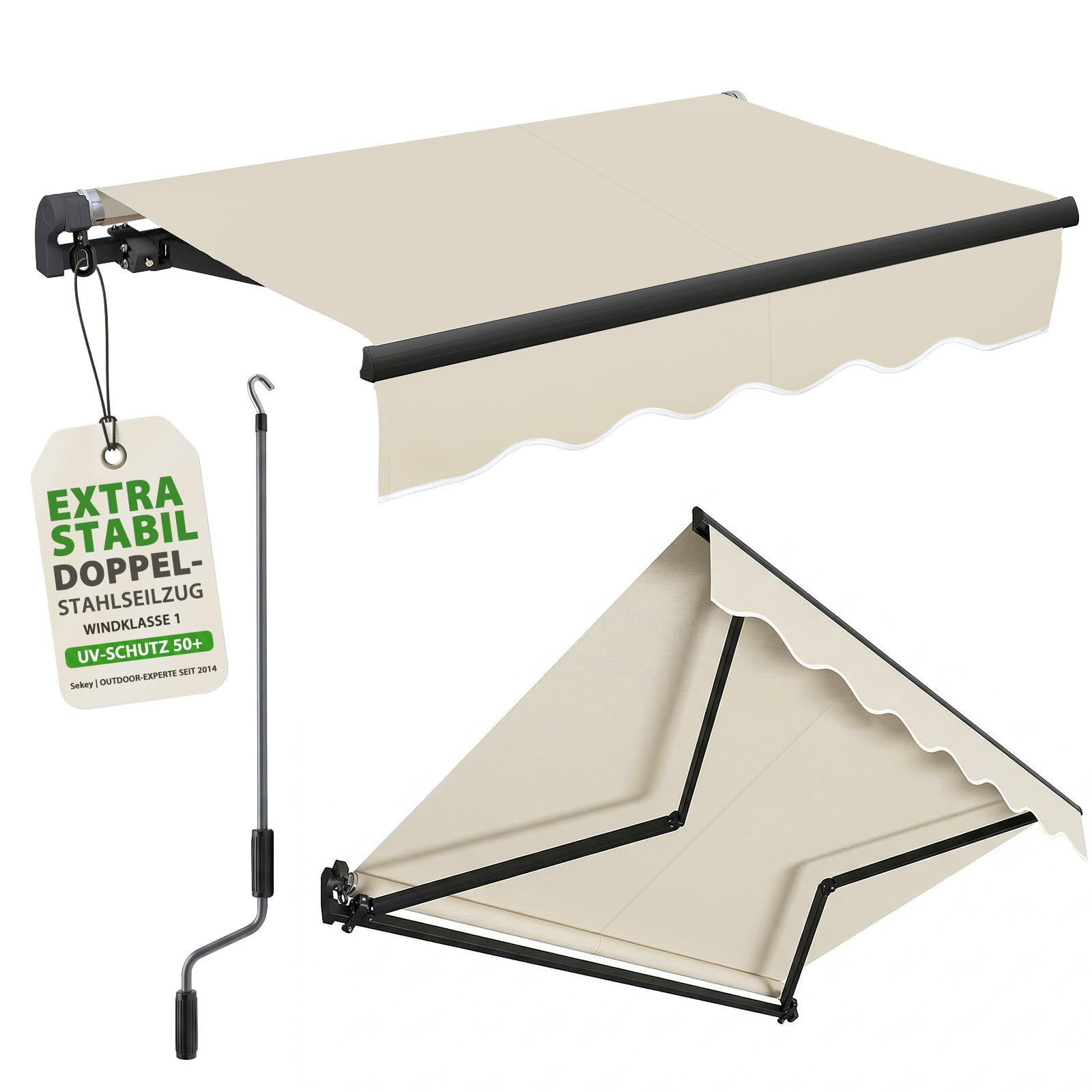 Sekey Gelenkarmmarkise mit Handkurbel, 0-53° stufenlos neigbar, Doppel-Stahlseilzug, 280g/m² Polyester wasserdicht, Sonnenschutz