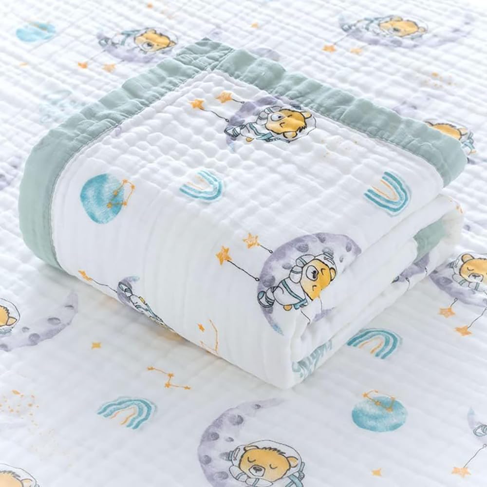Premium Muslin Baby Blanket 100% Cotton 6 Layer Super Soft Blanket Muslin Blanket for Kids Baby Infants Size Teddy Bear on The Moon Blanket for New Born Baby - 110cm x110 cm 0-4 Years-image-2