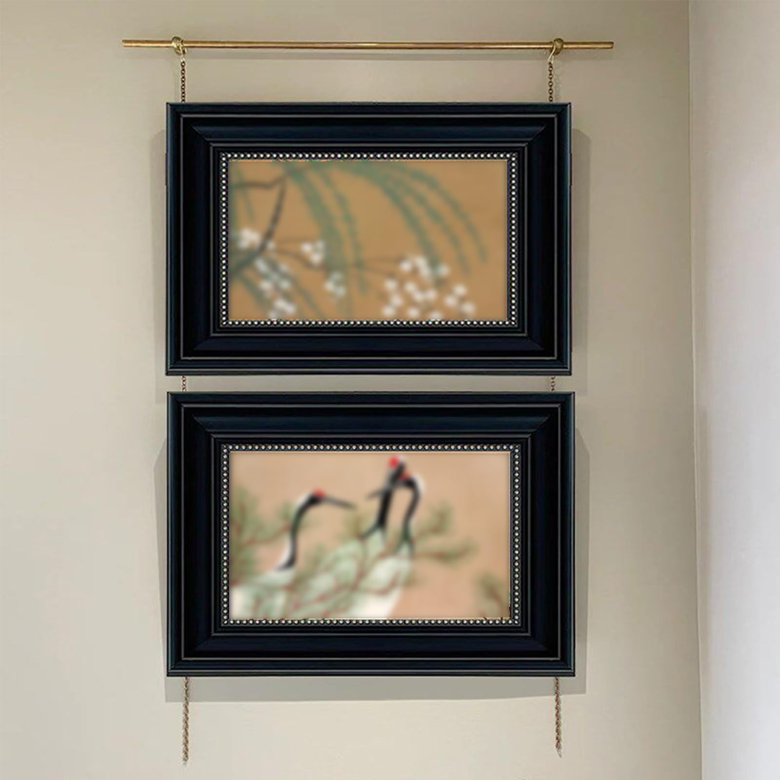 Bilderschienen Aufhängesystem aus Messing, Kunstpräsentationsstange mit Ketten und S Haken, Komplettes Galerie Wandset for Gerahmte Kunst, Poster und Wandteppiche(Gold)
