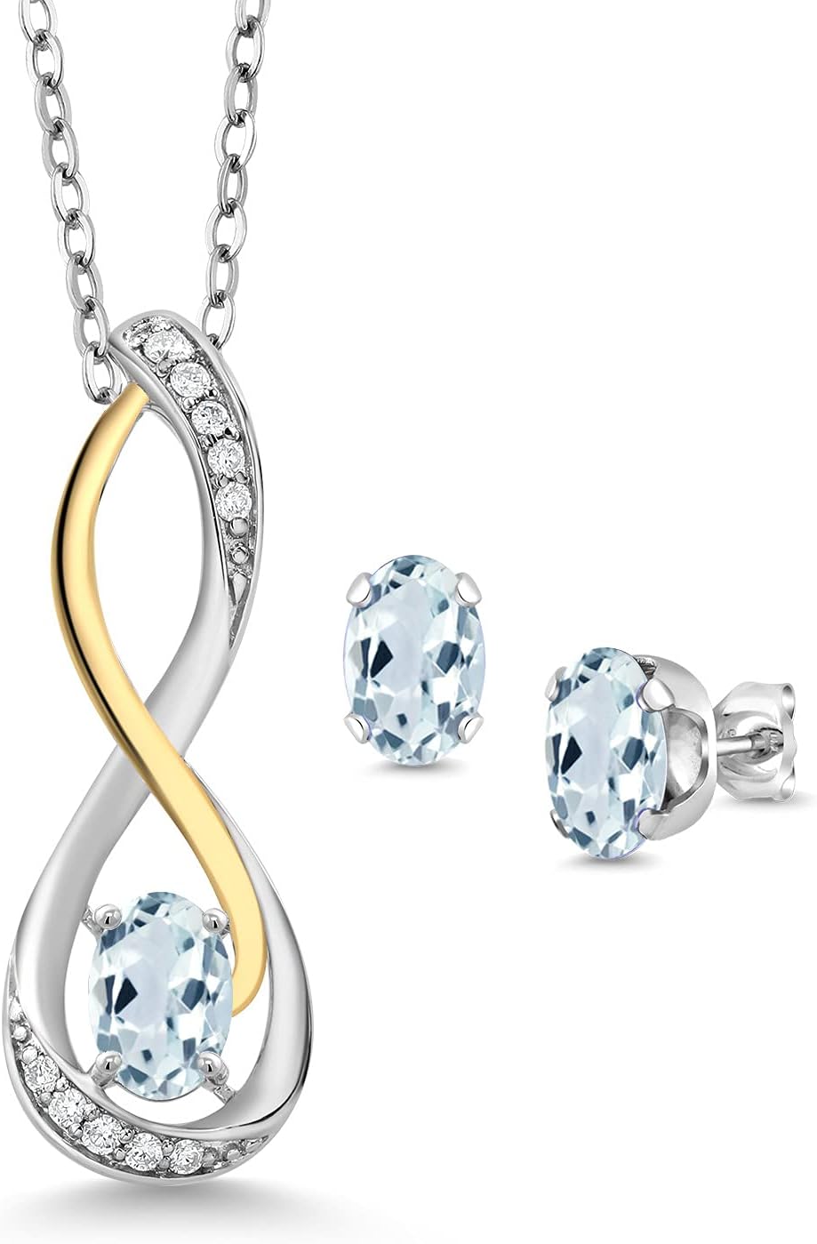 Gem Stone King 1.57 Cttw Sky Blue Aquamarine and White Lab Grown Diamond Infinity Pendant and Earrings Jewelry Set For Women | 925 Sterling Silver and 10K Yellow Gold | With 18 Inch Chain