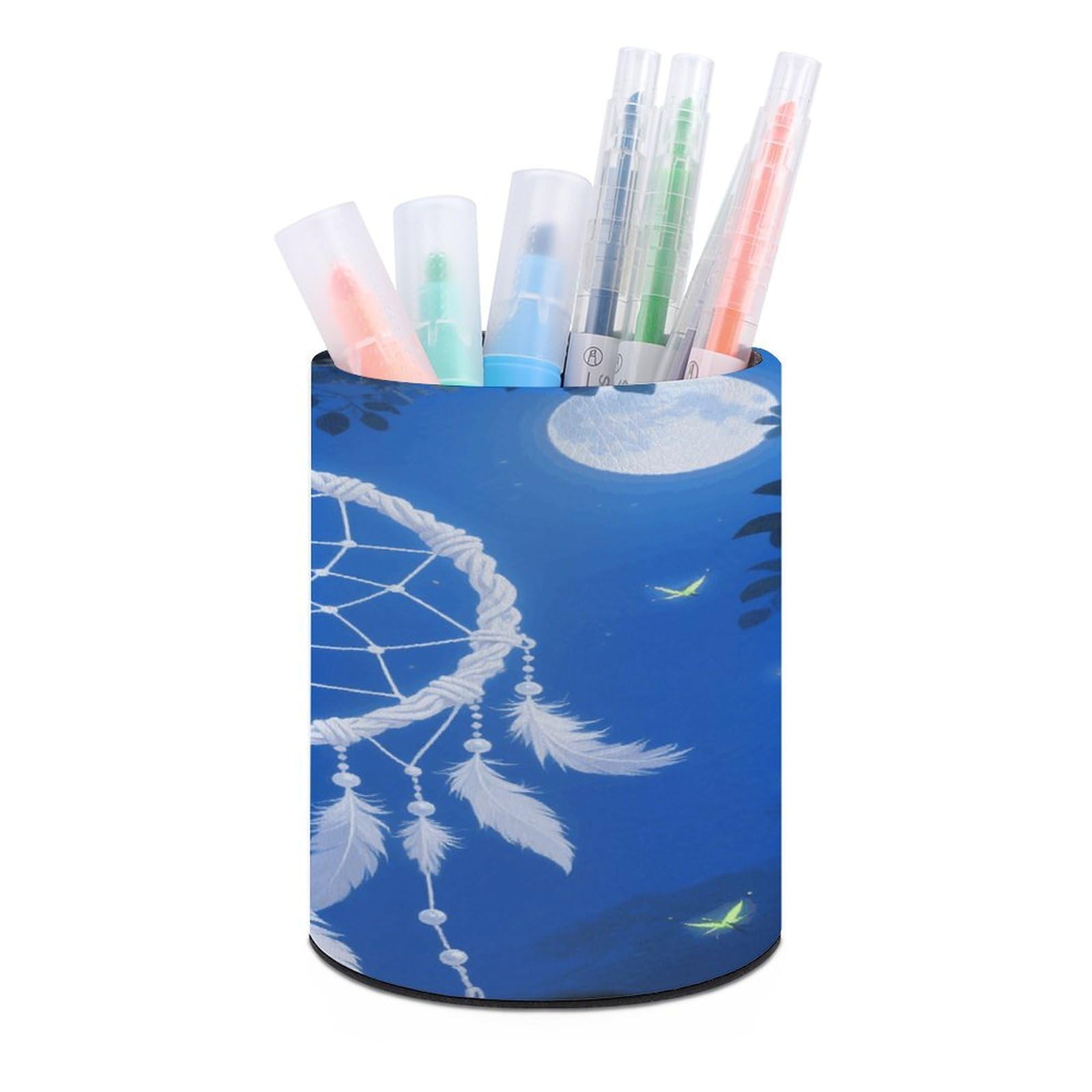 VstaDank White Fantasy Dream Catcher Pen Holder Round Pencil Holder Cup Pen Container PU Leather Desk Organizer Stand Decorative Brush Scissor Holder Decoration Office Desk Home (3.1 x 3.9 inch)
