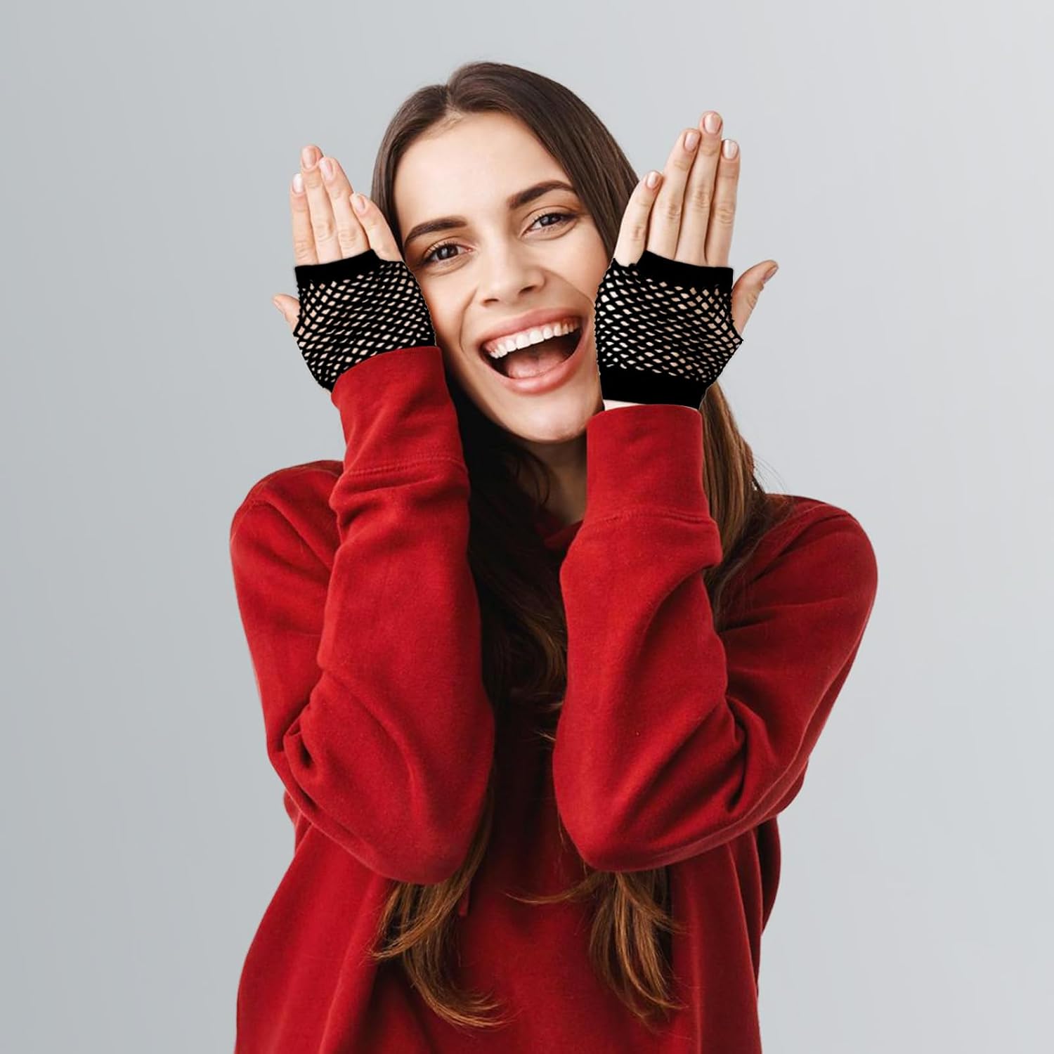 Black Nylon Fingerless Fishnet Gloves - Women's 80s Short Stretch Mesh Gloves for Halloween Costume Accessories