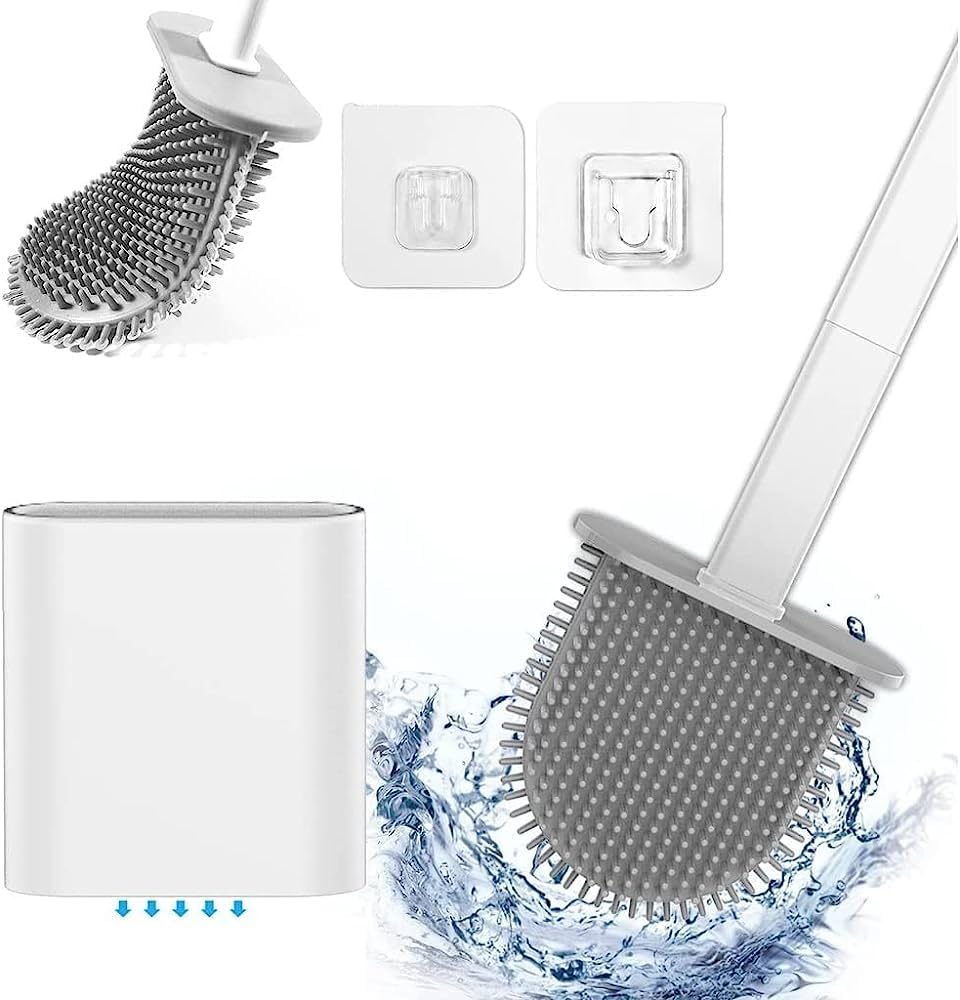 BBhouse Toilet Brush and Holder Set, Flexible Bathroom Brush Head with Silicone Bristles, Compact Design for Neat Storage, Base with Ventilation Holes (1 Unit, White and Black Color)