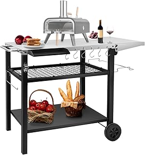 Outdoor Grill Cart Pizza Oven Stand, Three-Shelf Stainless Steel Food Prep Table Patio BBQ Grill Table Bar Cart Kitchen Island with Wheels